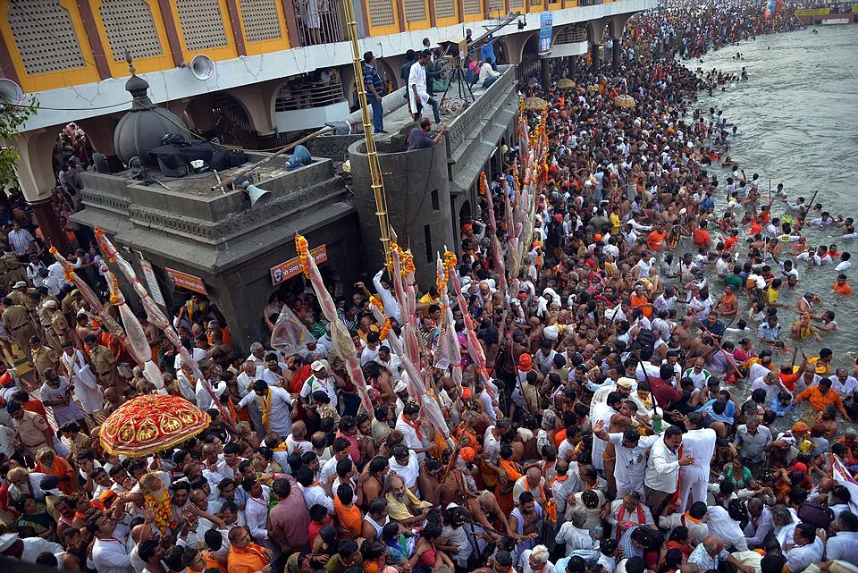 Dense crowd of devotees and sadhus at the Godavari ghats in Nashik