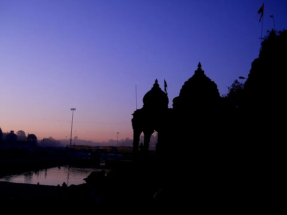 Temple silhouettes at dusk on Ram Ghat, Panchavati, Nashik